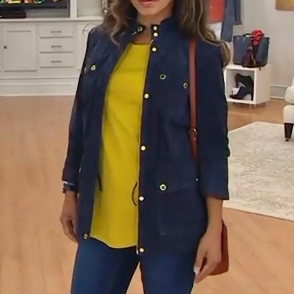 Isaac Mizrahi Live! Suede Zip Front Utility Jacket‎ Size Large Navy Blue Gold